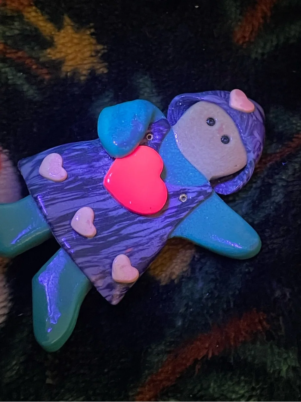 Adorable vintage/style polymer clay girl child brooch w/ hearts
